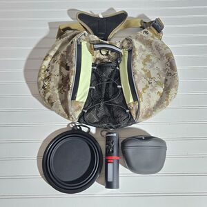 Bum's Pack Camo Dog Backpack Size Large Saddlebag Camping Hiking Harness w/bowl